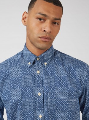 Blue Ben Sherman Chambray Patchwork Geo Print Long-Sleeve Shirts | 6342-BAINO