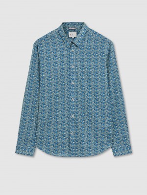 Blue Grey Ben Sherman Floral Print Long-Sleeve Shirts | 5796-GEBPL