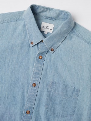 Blue / Navy Ben Sherman Long-Sleeve Chambray Shirts | 1420-AGZVH