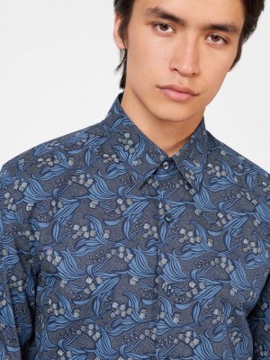 Navy Ben Sherman Art Nouveau Floral Shirts | 4723-WSUHL