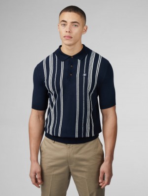 Navy Ben Sherman B by Ben Sherman Crinkle Cotton Stripe Polo Knitwear | 9370-IHVXE