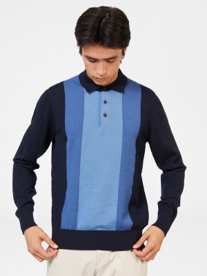 Navy Ben Sherman Block Stripe Merino Polo Neck Sweaters | 7362-SPRGK