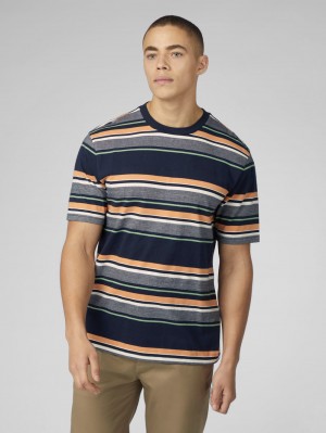 Navy Ben Sherman Signature Engineered Stripe T-Shirt | 7305-ULSMI