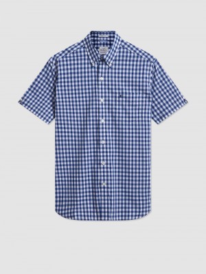 Navy / Olive Ben Sherman Short Sleeve House Poplin Gingham Shirts | 7604-BSAGN