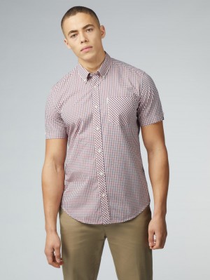 Red / White Ben Sherman Signature Short Sleeve Gingham Shirts | 4530-QFCIO