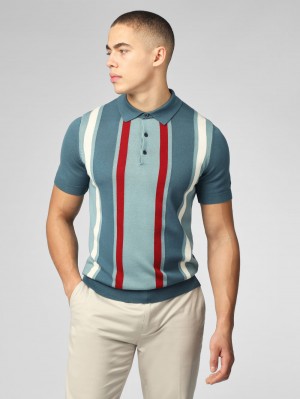 Turquoise Ben Sherman Signature Vertical Stripe Polo Knitwear | 5076-WFAMN