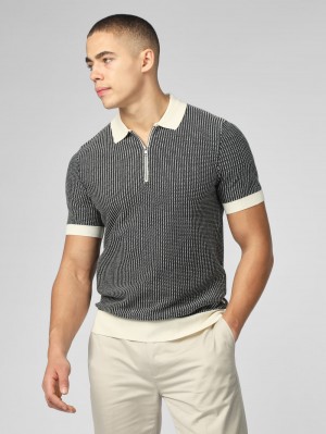 White Ben Sherman Signature Bicolor Zip Neck Polo Knitwear | 3189-VJFID