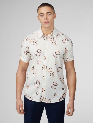 White Ben Sherman Signature Linear Floral Shirts | 6290-ZOBGY