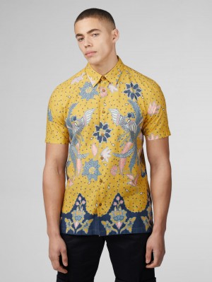 Yellow Ben Sherman Signature Abstract Botanical Print Shirts | 9604-BLTXH