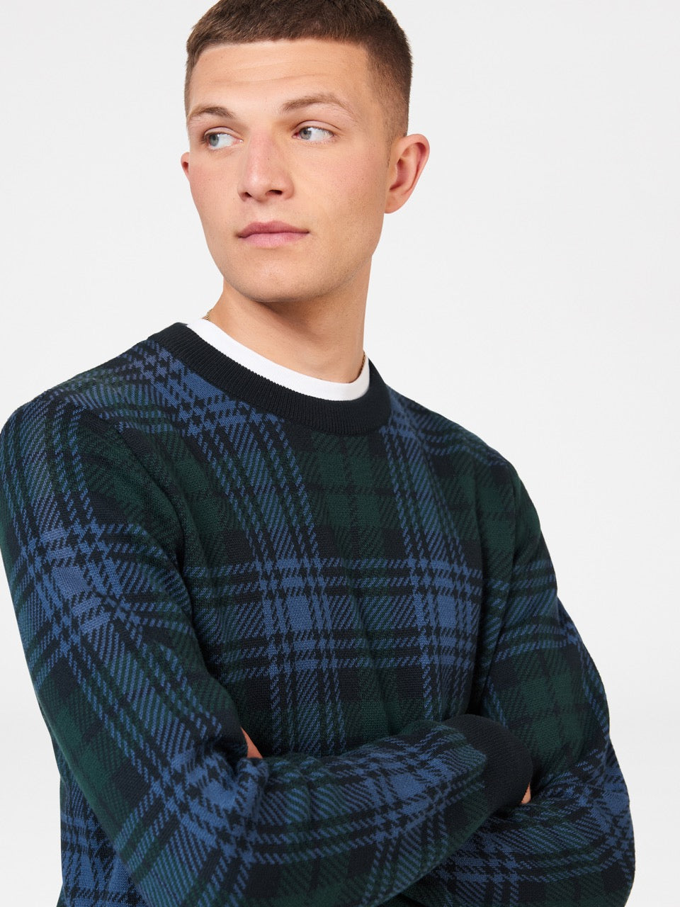 Black Ben Sherman Blackwatch Check Crewneck Knitwear | 2391-FZHRE