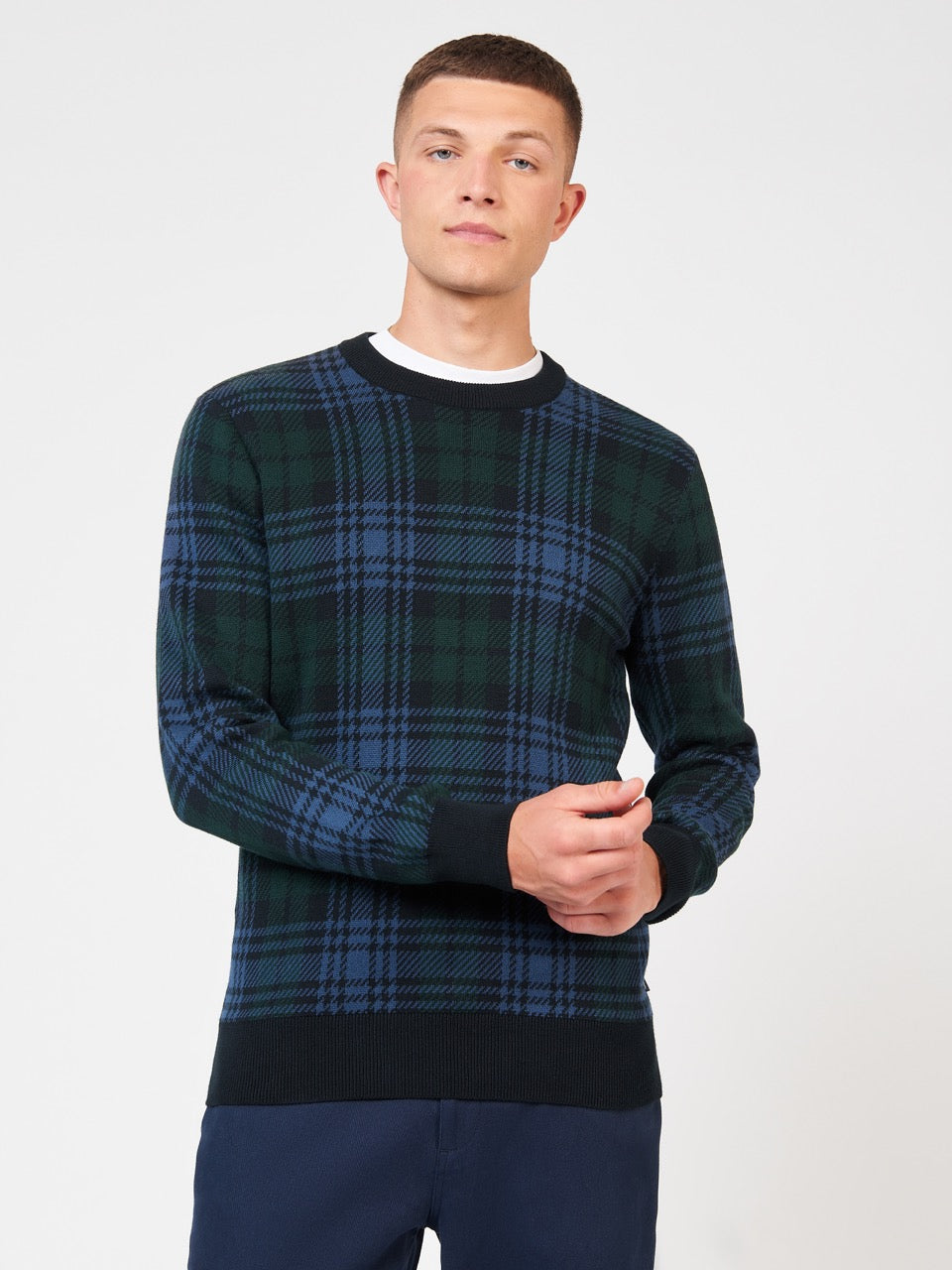 Black Ben Sherman Blackwatch Check Crewneck Knitwear | 2391-FZHRE