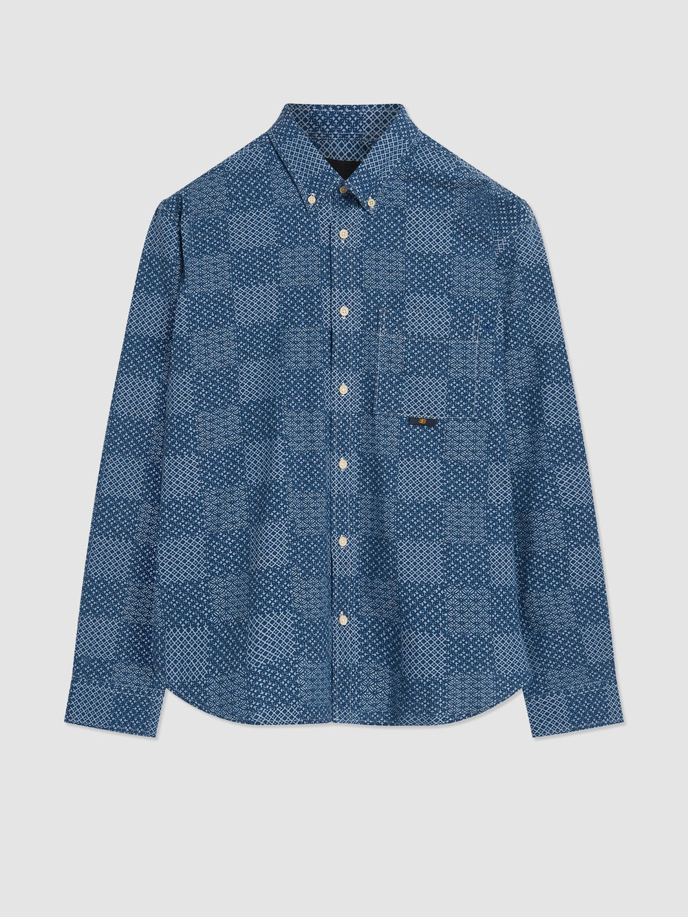 Blue Ben Sherman Chambray Patchwork Geo Print Long-Sleeve Shirts | 6342-BAINO