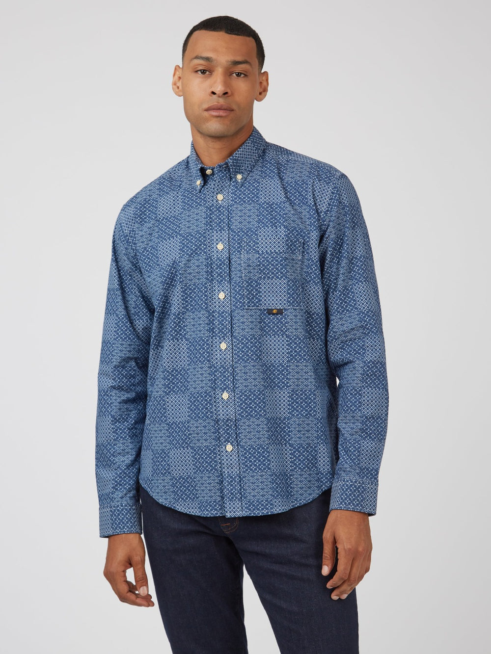 Blue Ben Sherman Chambray Patchwork Geo Print Long-Sleeve Shirts | 6342-BAINO