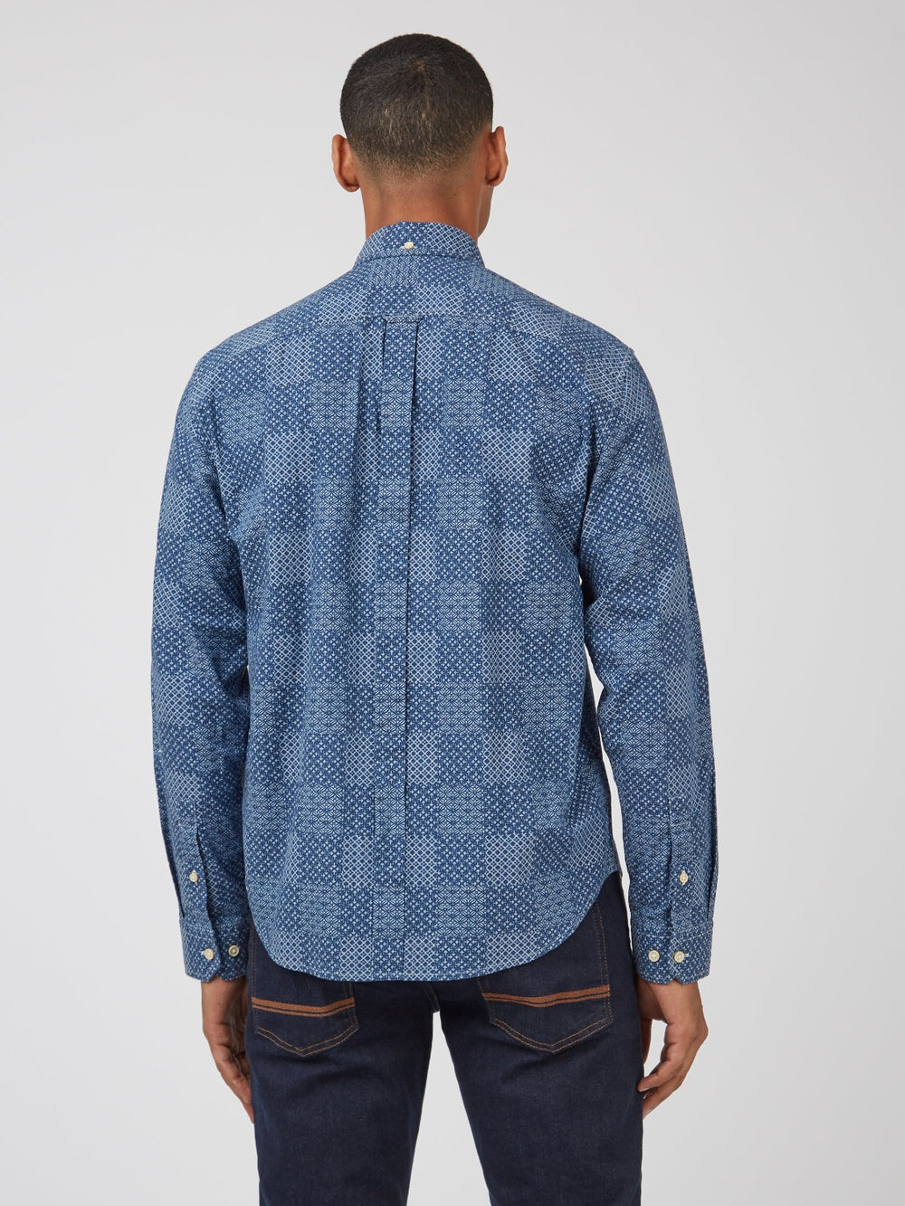 Blue Ben Sherman Chambray Patchwork Geo Print Long-Sleeve Shirts | 6342-BAINO