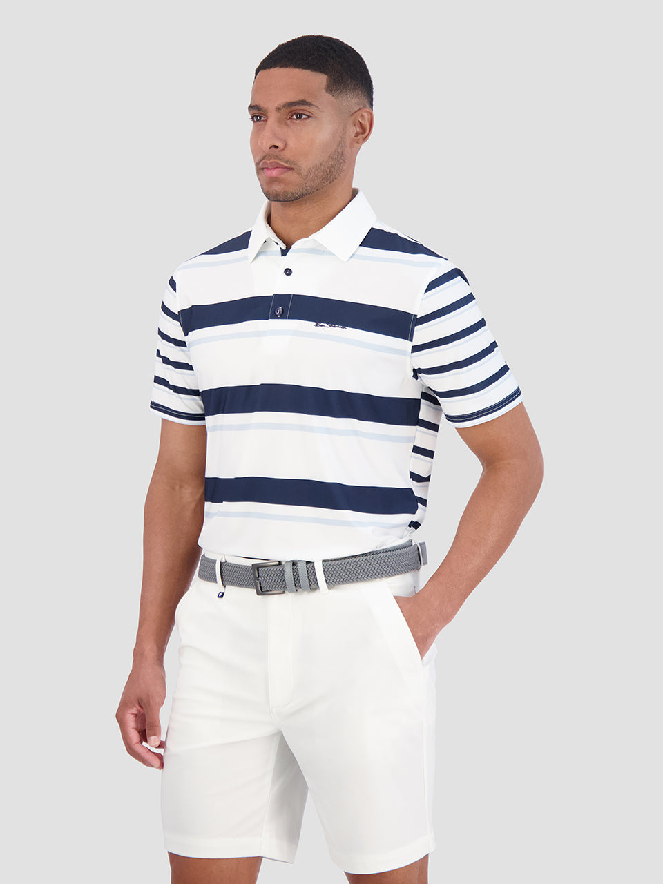 Blue Ben Sherman Mixed Mod Stripes Tech Jersey Sports Fit Polo Shirts | 3180-AHPCB