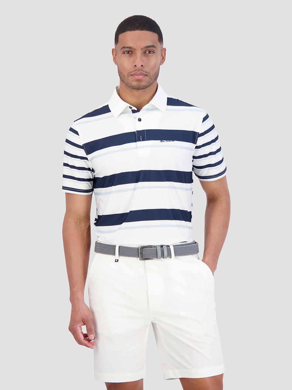 Blue Ben Sherman Mixed Mod Stripes Tech Jersey Sports Fit Polo Shirts | 3180-AHPCB