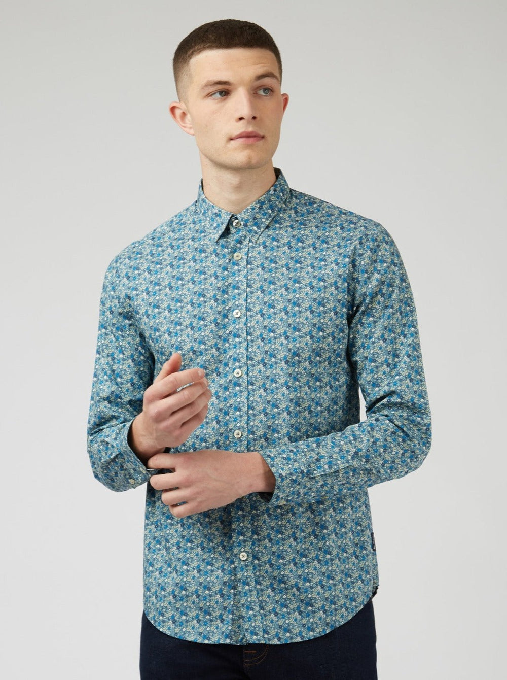 Blue Grey Ben Sherman Floral Print Long-Sleeve Shirts | 5796-GEBPL