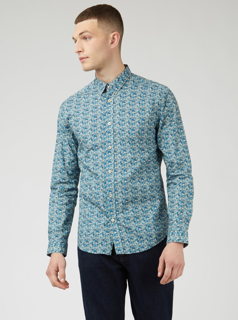 Blue Grey Ben Sherman Floral Print Long-Sleeve Shirts | 5796-GEBPL