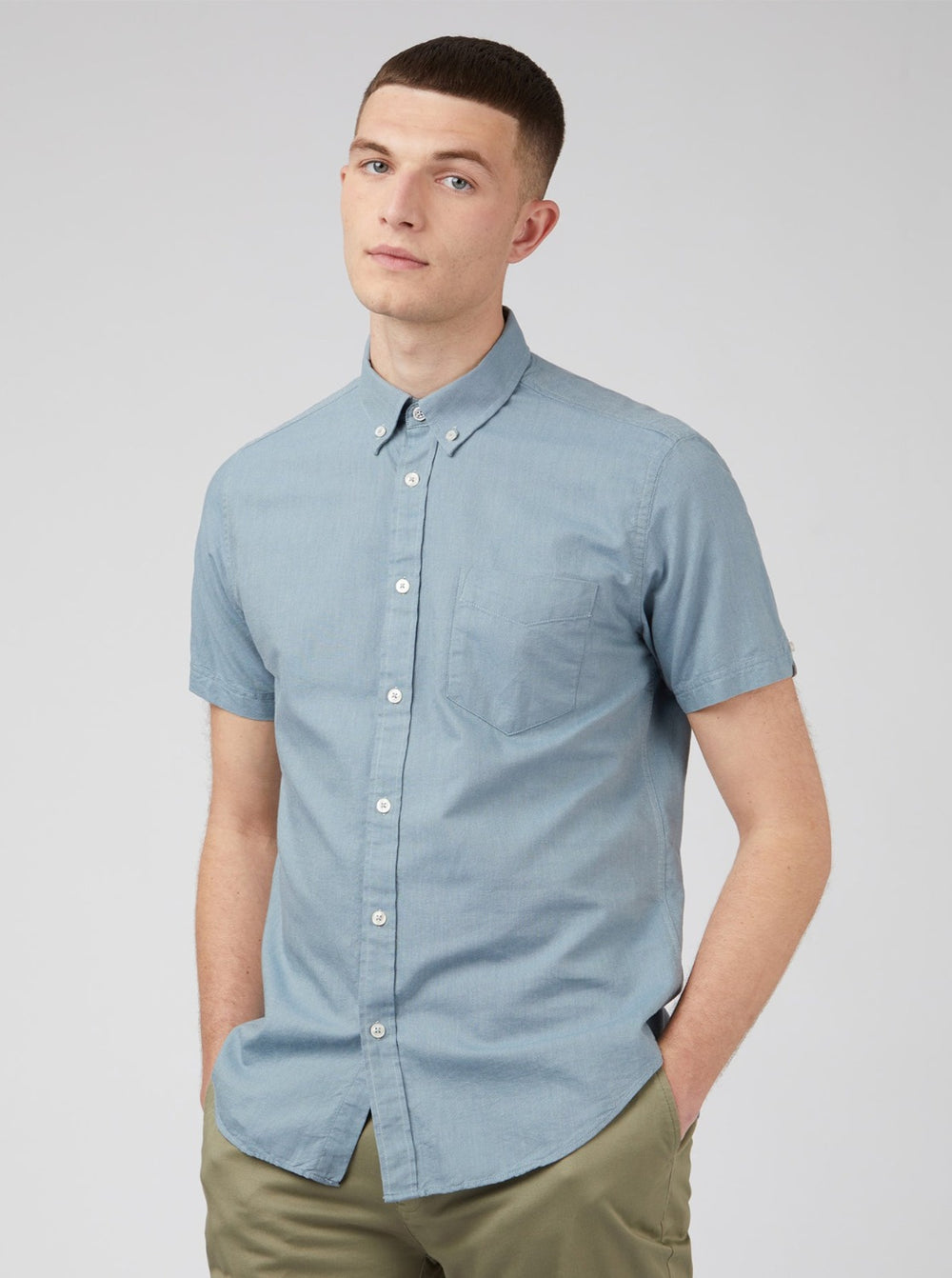 Blue Grey Ben Sherman Signature Organic Short-Sleeve Oxford Shadow Shirts | 0396-JIMTX