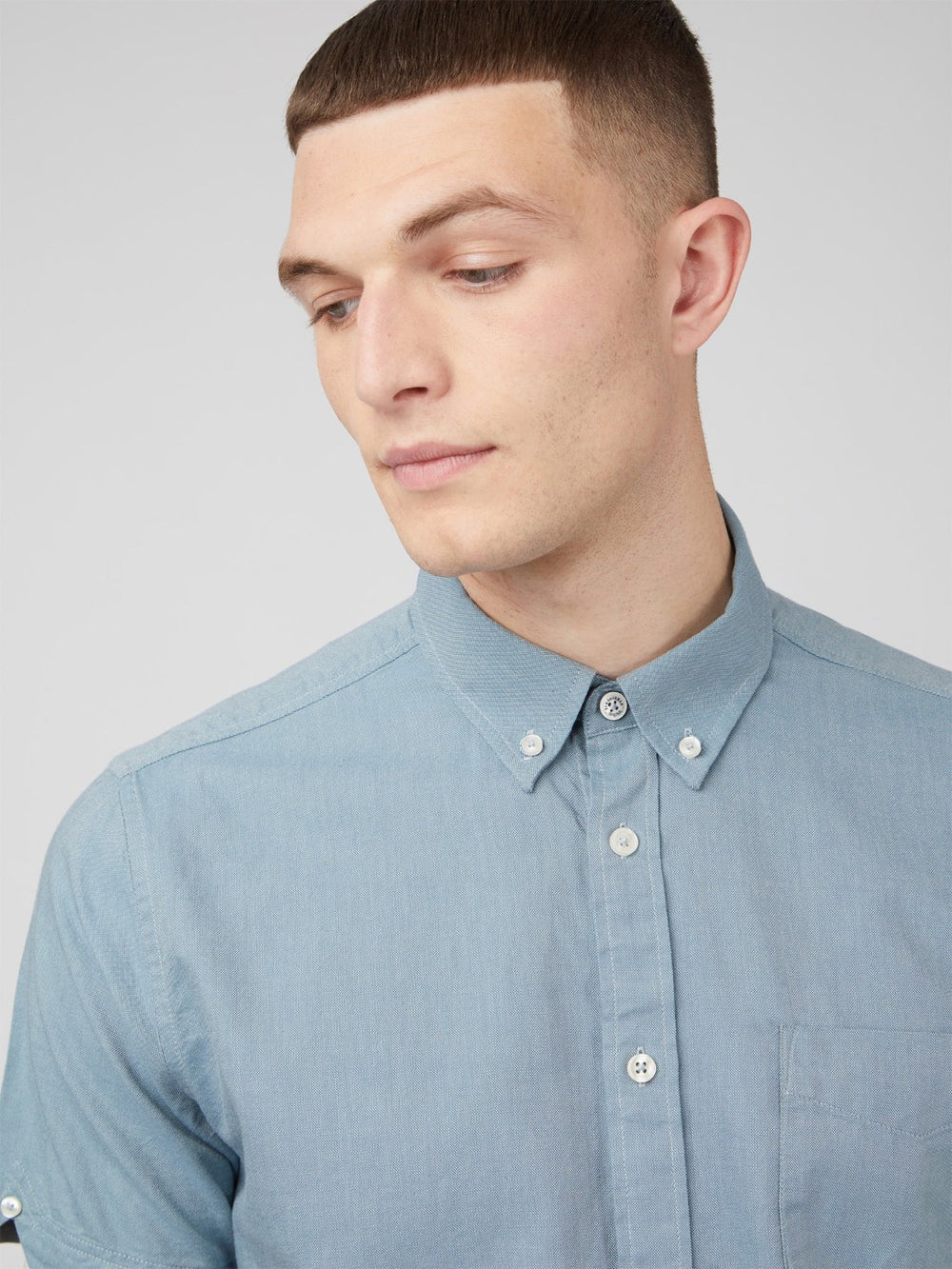 Blue Grey Ben Sherman Signature Organic Short-Sleeve Oxford Shadow Shirts | 0396-JIMTX