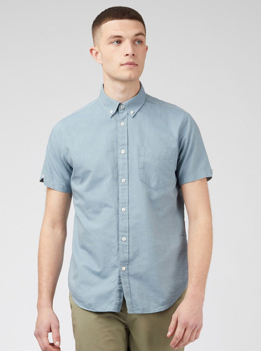 Blue Grey Ben Sherman Signature Organic Short-Sleeve Oxford Shadow Shirts | 0396-JIMTX