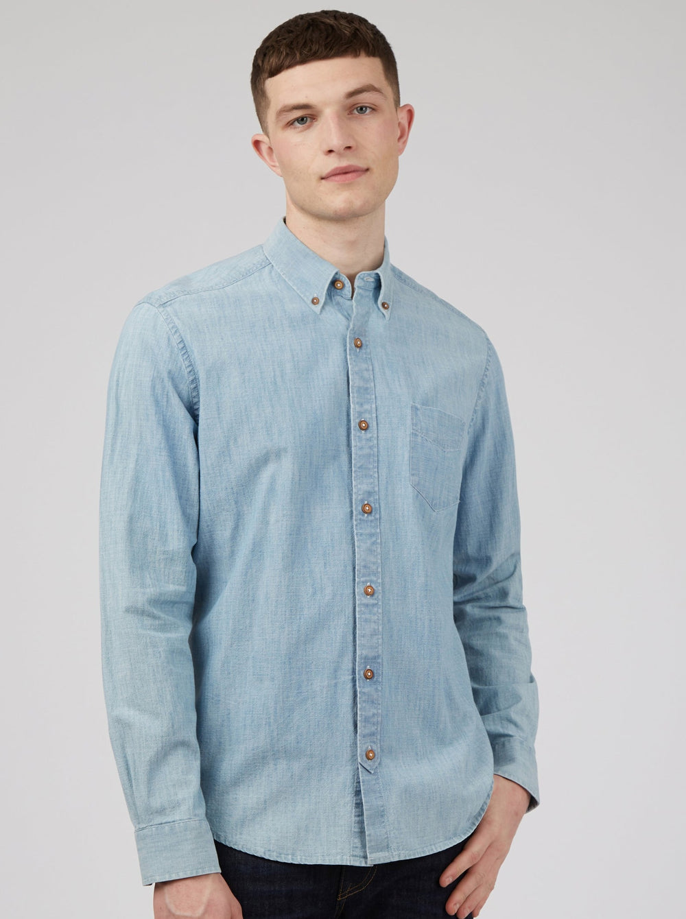 Blue / Navy Ben Sherman Long-Sleeve Chambray Shirts | 1420-AGZVH