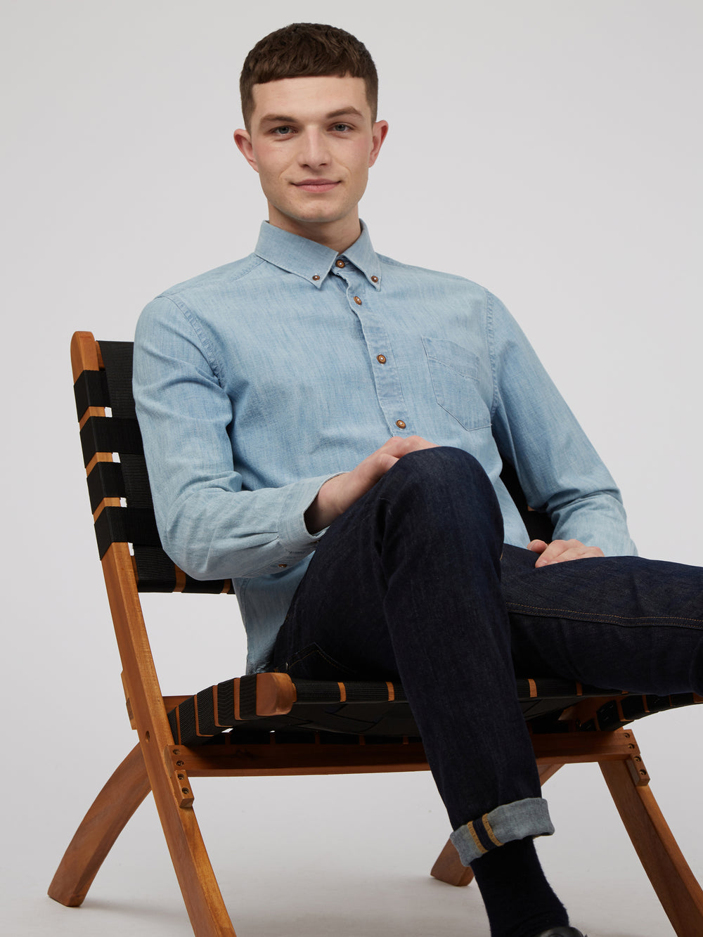 Blue / Navy Ben Sherman Long-Sleeve Chambray Shirts | 1420-AGZVH