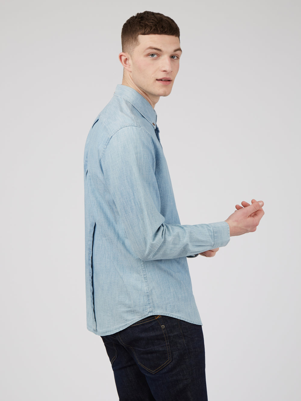 Blue / Navy Ben Sherman Long-Sleeve Chambray Shirts | 1420-AGZVH