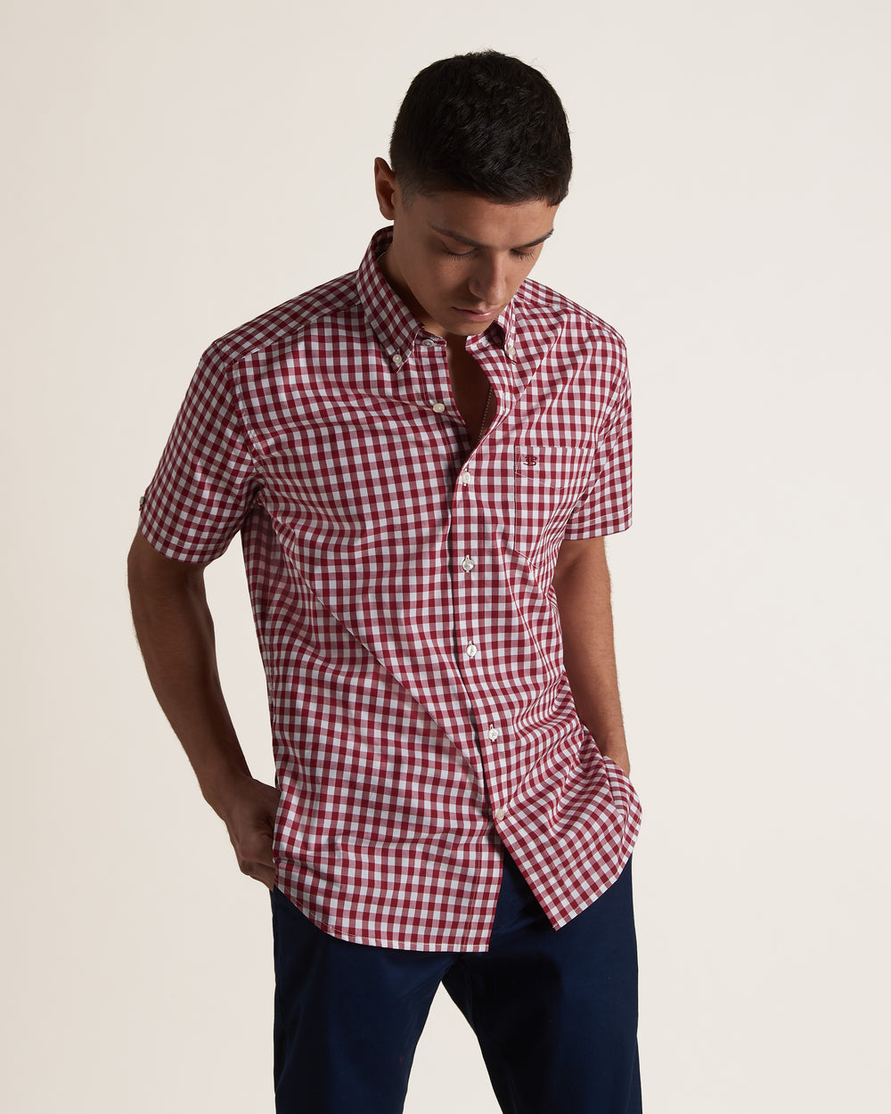 Burgundy Ben Sherman Short Sleeve House Poplin Gingham Shirts | 0634-FMUEJ