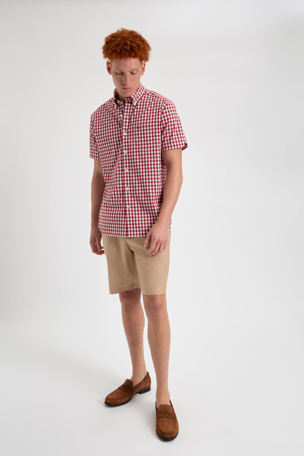 Burgundy Ben Sherman Short Sleeve House Poplin Gingham Shirts | 0634-FMUEJ