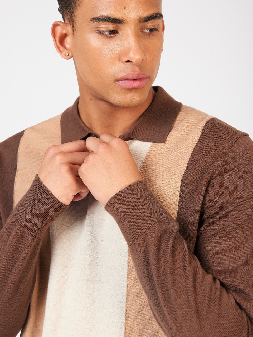 Chocolate Ben Sherman Block Stripe Merino Polo Neck Sweaters | 0695-JOLUS