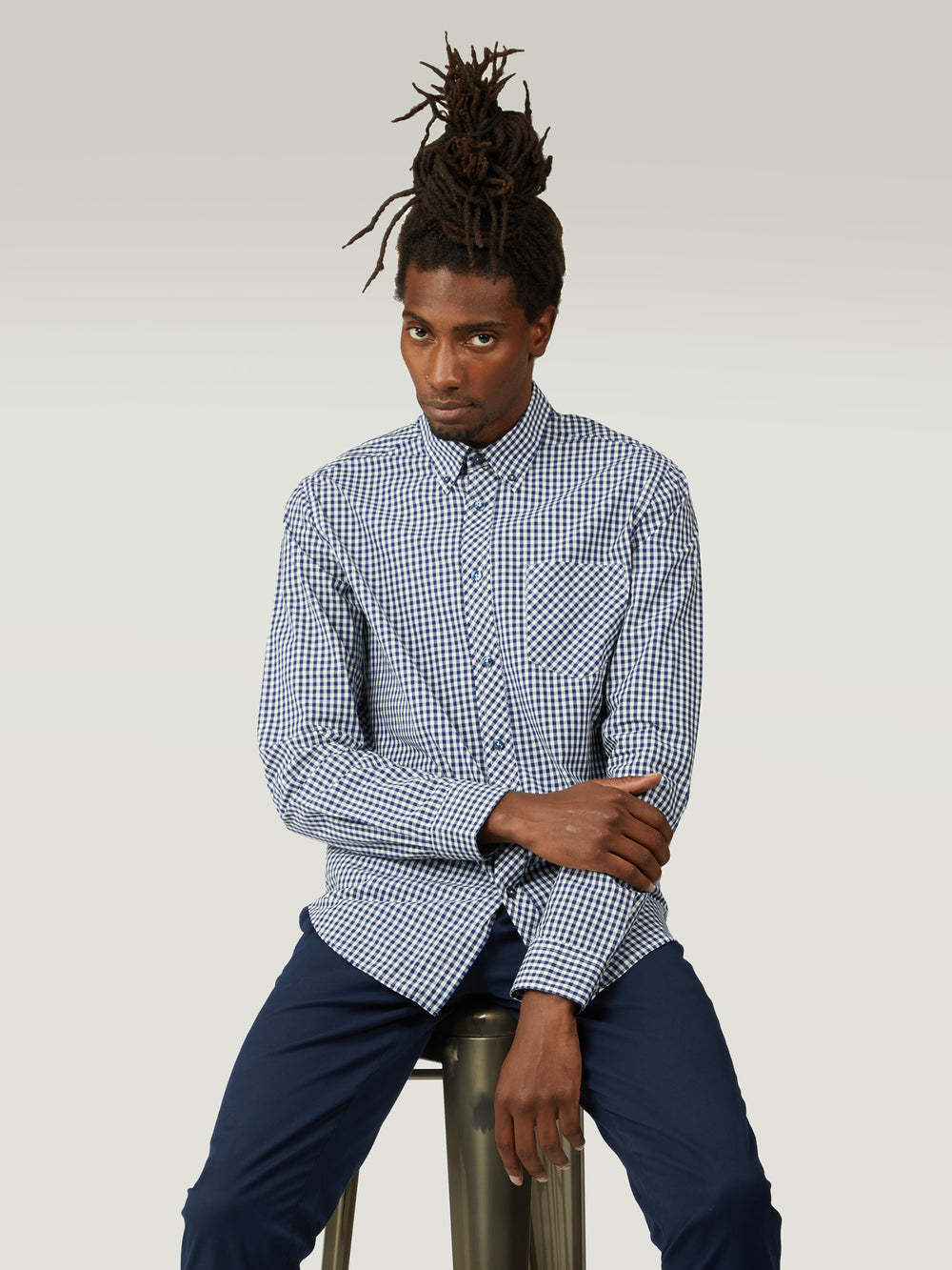 Dark Blue Ben Sherman Signature Long-Sleeve Gingham Shirts | 7140-CMIOW