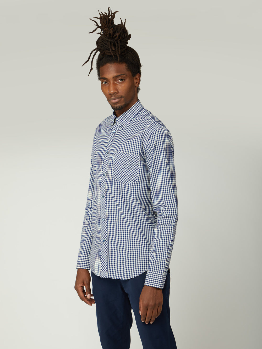 Dark Blue Ben Sherman Signature Long-Sleeve Gingham Shirts | 7140-CMIOW