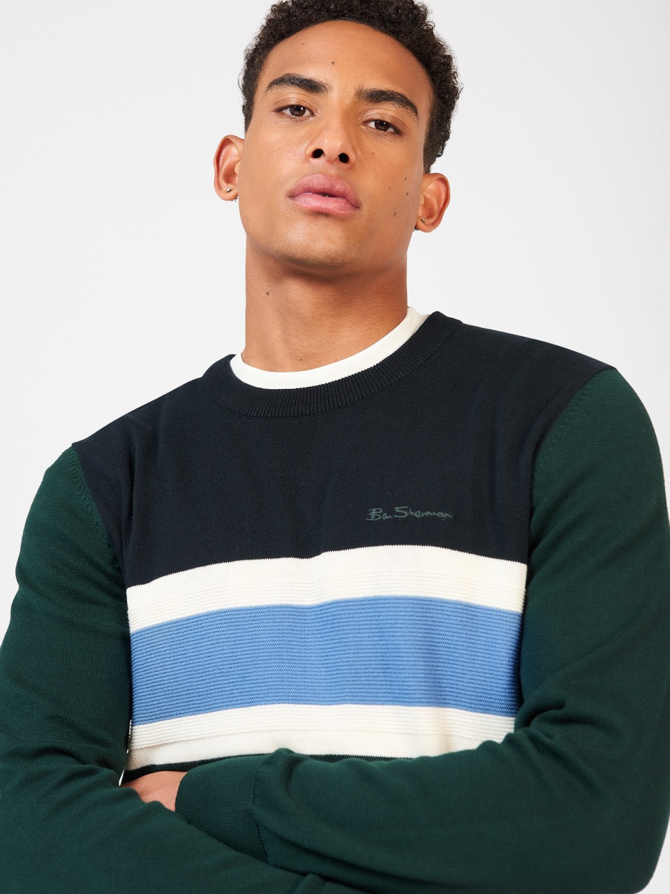 Dark Green Ben Sherman Chest Stripe Crewneck Knitwear | 2716-OHXDU