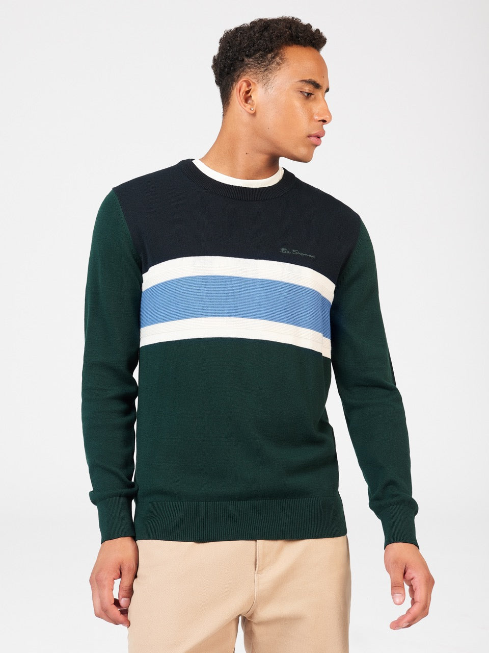 Dark Green Ben Sherman Chest Stripe Crewneck Knitwear | 2716-OHXDU