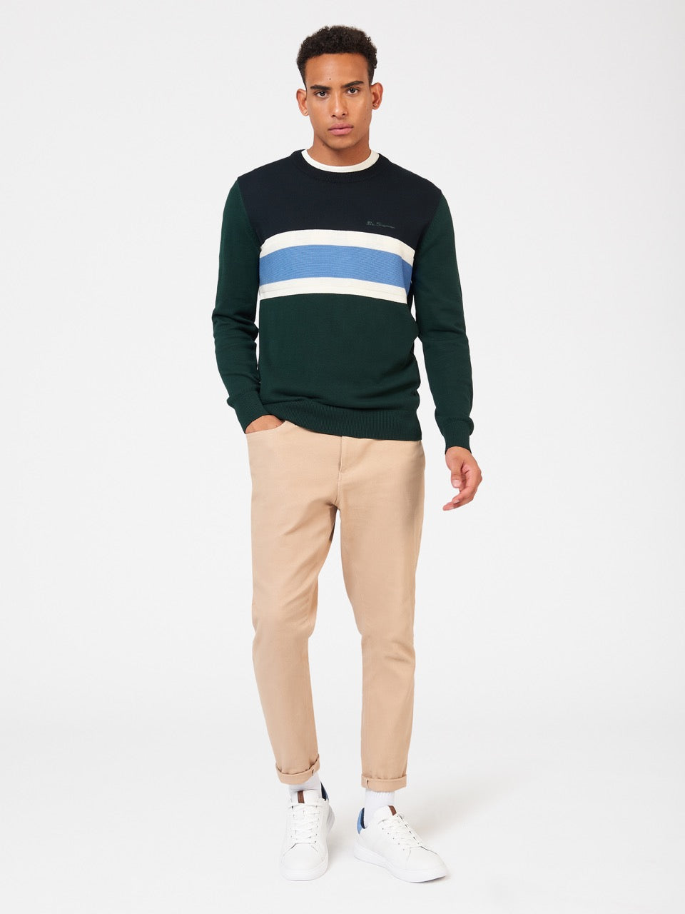 Dark Green Ben Sherman Chest Stripe Crewneck Knitwear | 2716-OHXDU