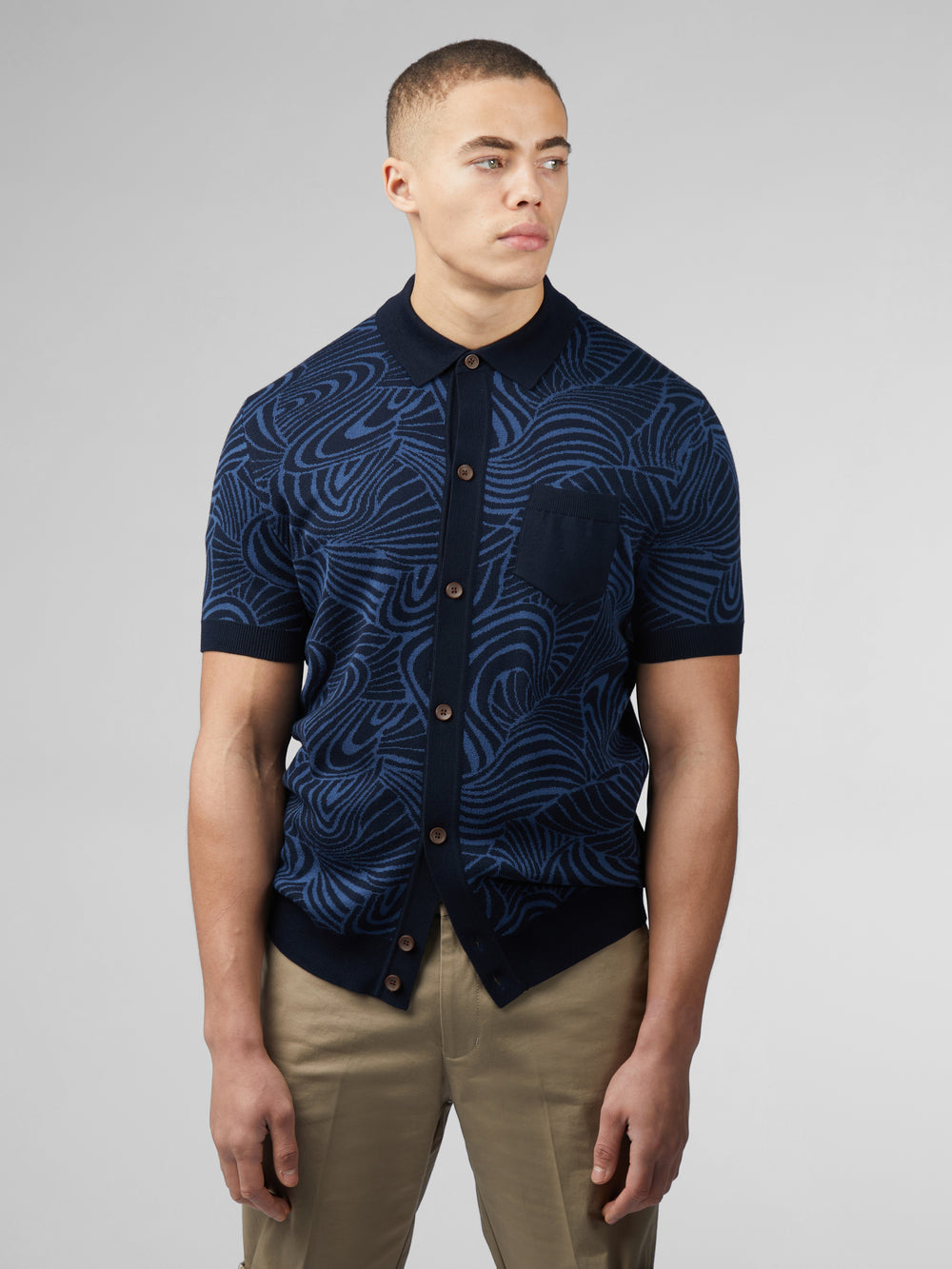 Navy Ben Sherman B by Ben Sherman Swirl Jacquard Button Through Polo Knitwear | 0485-PTKNA