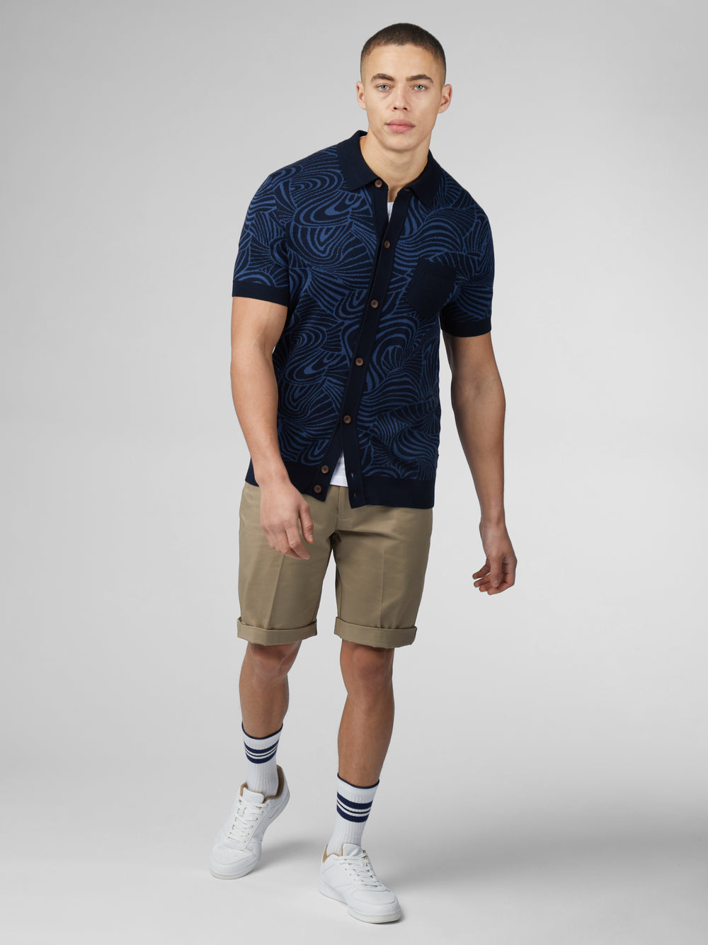 Navy Ben Sherman B by Ben Sherman Swirl Jacquard Button Through Polo Knitwear | 0485-PTKNA