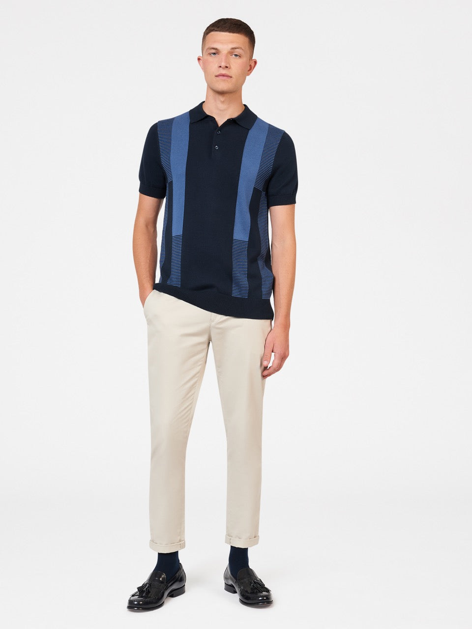 Navy Ben Sherman Intarsia Stripe Polo Neck Sweaters | 3879-GQPCK