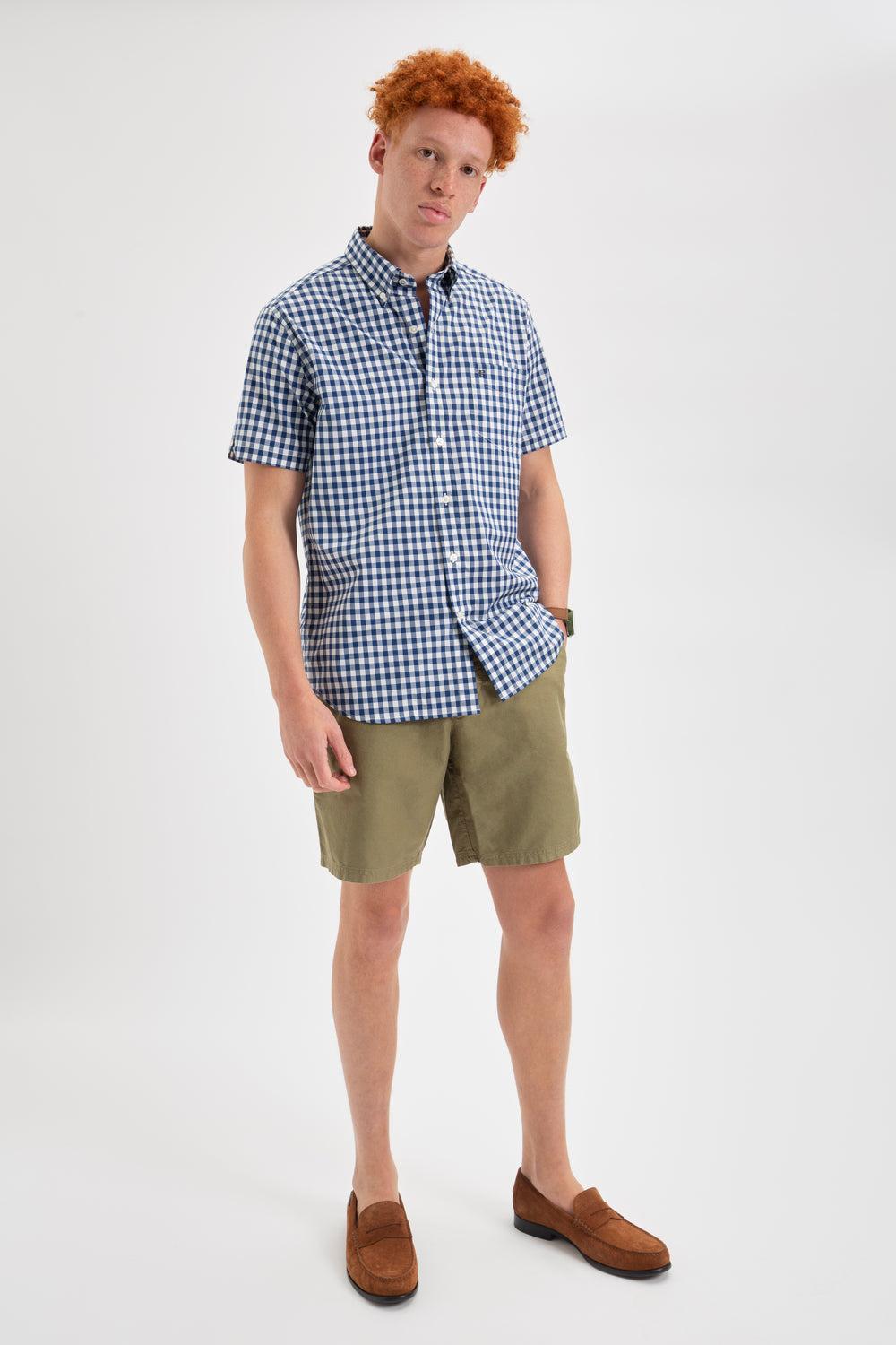 Navy / Olive Ben Sherman Short Sleeve House Poplin Gingham Shirts | 7604-BSAGN