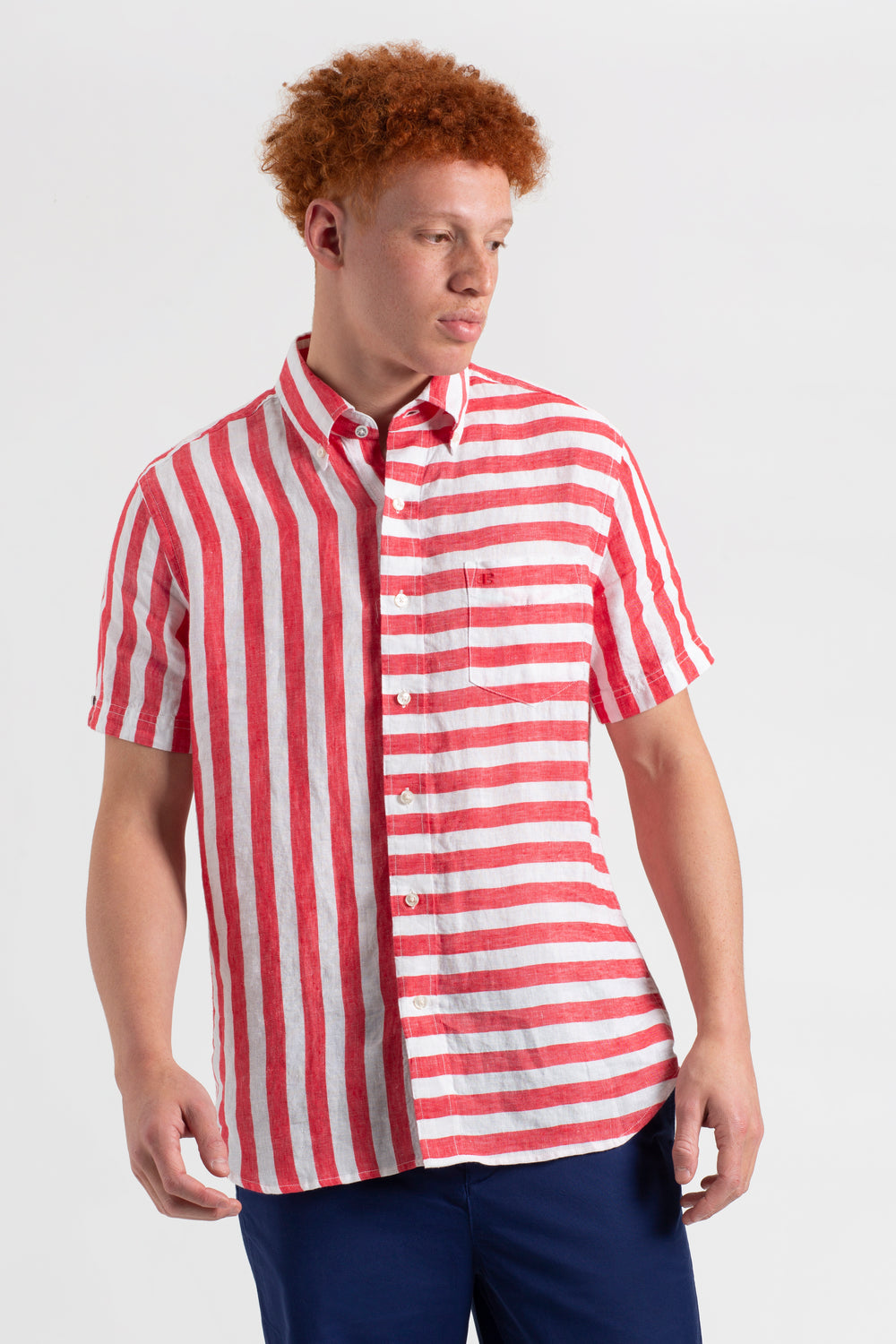 Pink Red Ben Sherman B by Ben Sherman Candy Stripe Linen Short Sleeve Shirts | 8674-ZRVSD