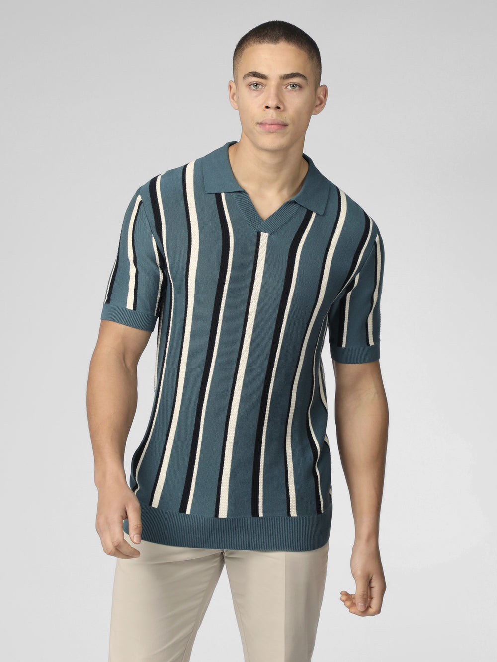 Turquoise Ben Sherman Signature Vertical Stripe Open Neck Polo Knitwear | 0514-RYEHC