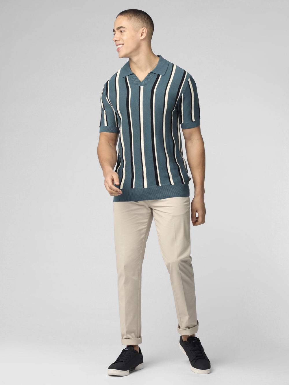 Turquoise Ben Sherman Signature Vertical Stripe Open Neck Polo Knitwear | 0514-RYEHC